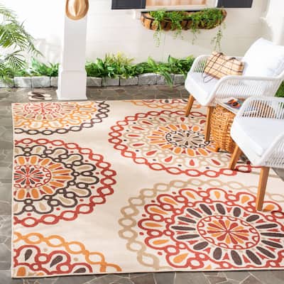 SAFAVIEH Veranda Felizitas Geometric Medallion Indoor/Outdoor Area Rug - Creme/Red [6'7" x 9'6"] - 6'7" x 9'6"