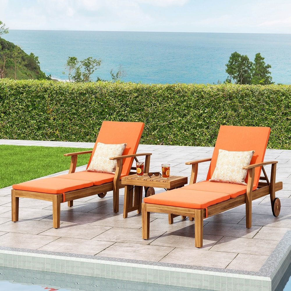 Perla Outdoor Acacia Wood 3 Piece Chaise Lounge Set with Water-Resistant Cushions by Christopher Knight Home