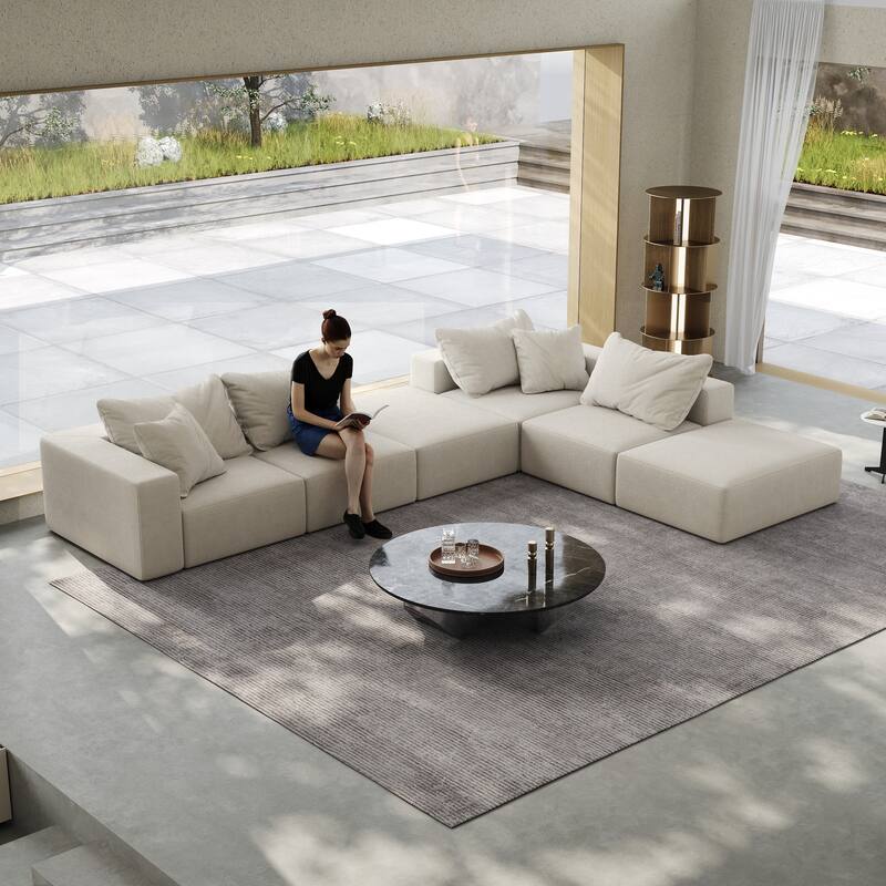 Floor Upholstered Sectional Sofa Modular L Shaped Couch Set with 6 Pillows and Ottomans, Living Room Sleeper Sofa Bed