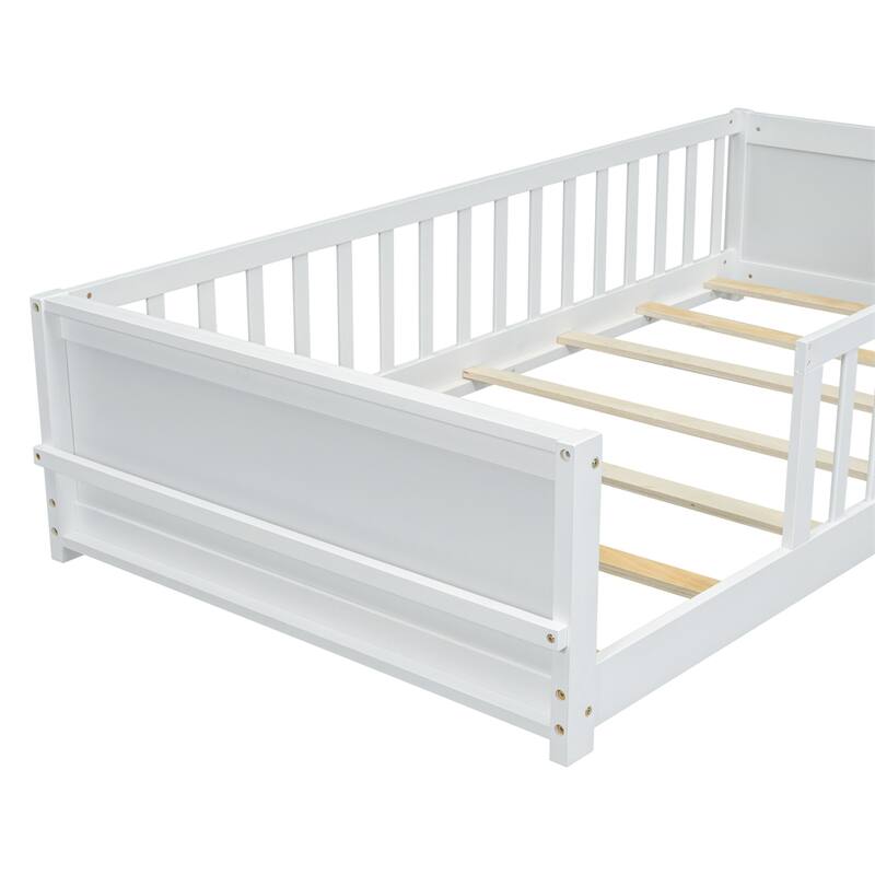 Twin Size Wood Floor Platform Bed with Built-in Book Storage Rack