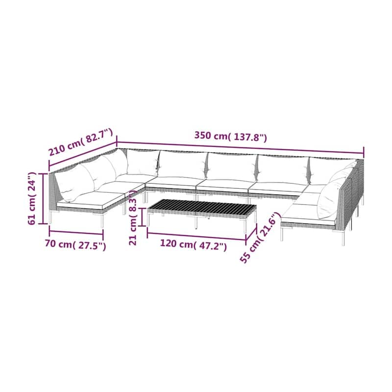 vidaXL Patio Lounge Set Outdoor Sectional Corner Sofa Poly Rattan Dark Grey - 27.6" x 27.6" x 24"