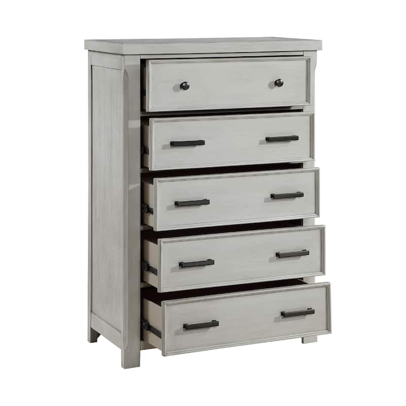 Brok Tall Dresser Chest, 5 Drawer Black Bar Handles, Light Gray Acacia