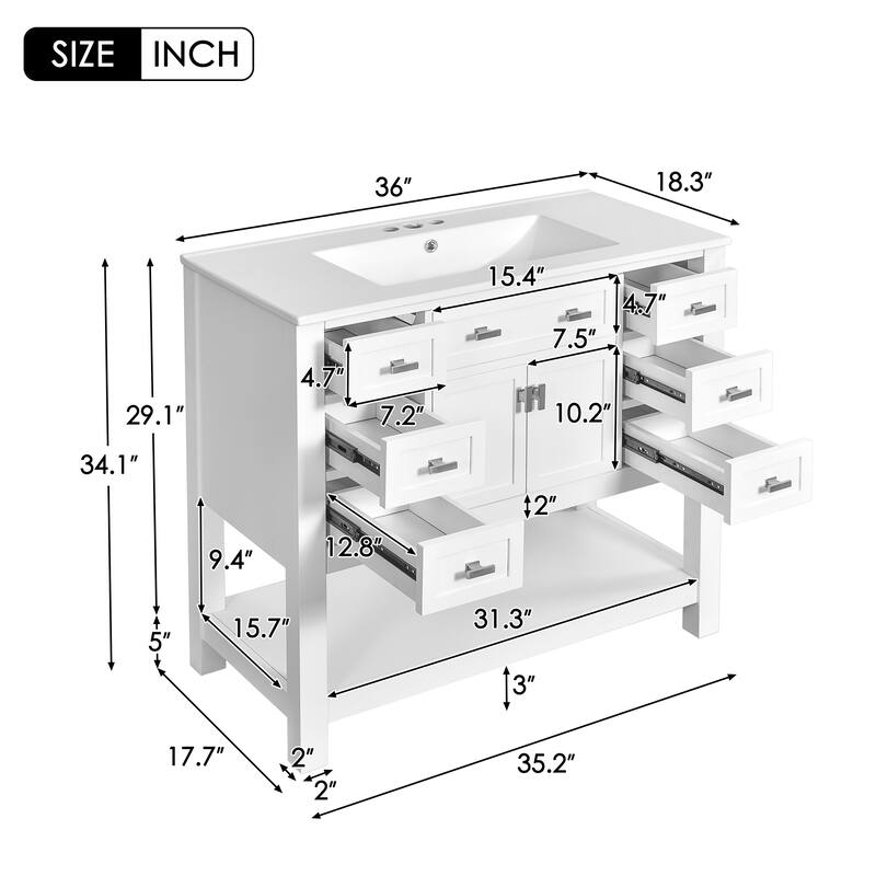 Roomfitters 36" Vanity with Sink, Mirror Cabinet and Towel Bar, Storage Unit with 6 Drawers and 2 Doors, Modern Design