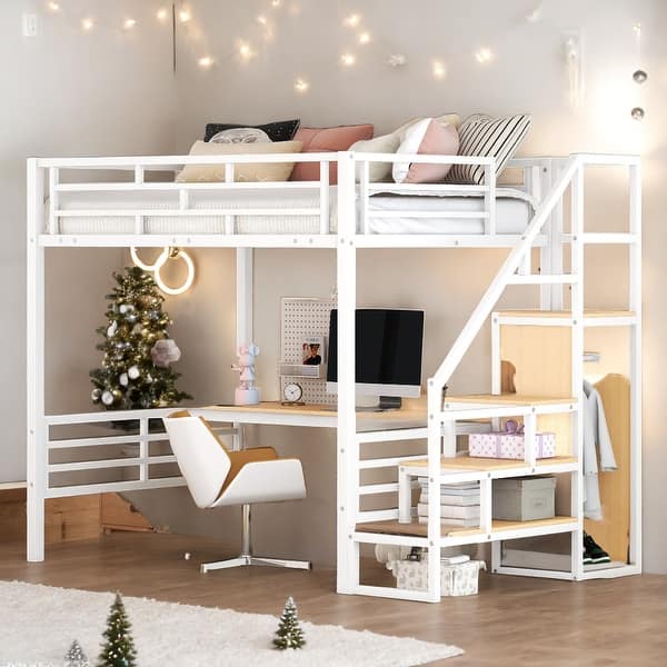 slide 2 of 9, Full Size Metal Loft Bed with Desk, Storage Staircase, Wardrobe, and Reversible Stairs - White