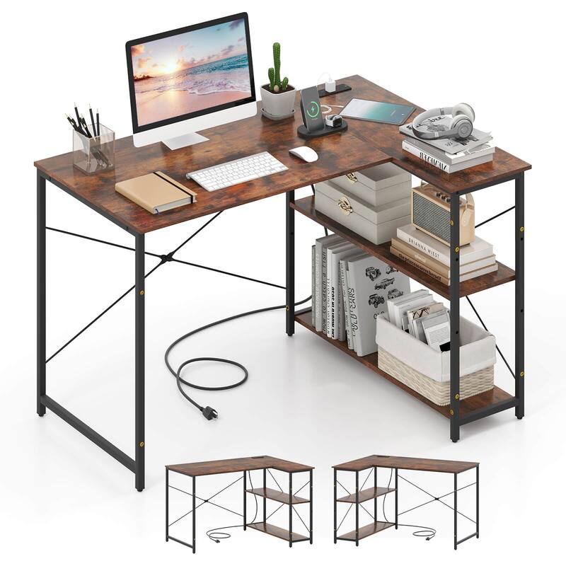 Costway L-Shaped Computer Desk with Power Outlets Adjustable shelf - Brown