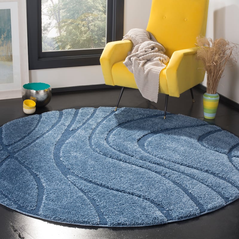 SAFAVIEH Florida Shag Sigtraud Abstract Waves 1.2-inch Area Rug - 8' x 8' Round - Light Blue/Blue