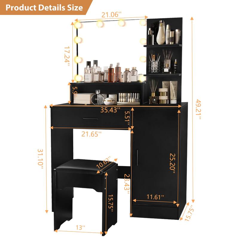 Vanity Desk with Mirror and Lights,with Drawer & Storage Cabinet,3 Adjustable Lighting Colors,with Open Shelves