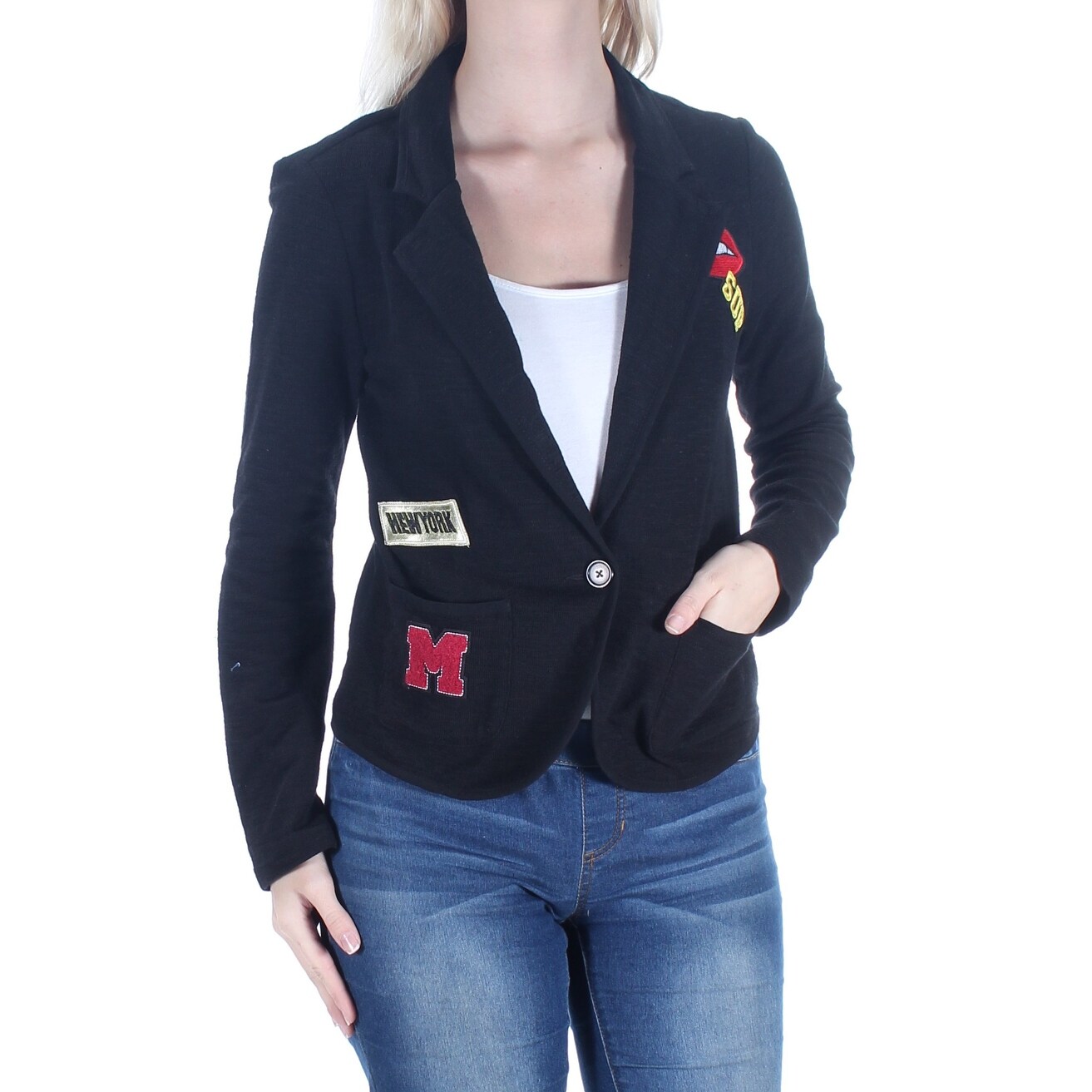Shop Almost Famous Womens New 1250 Black Patches Pocketed Blazer
