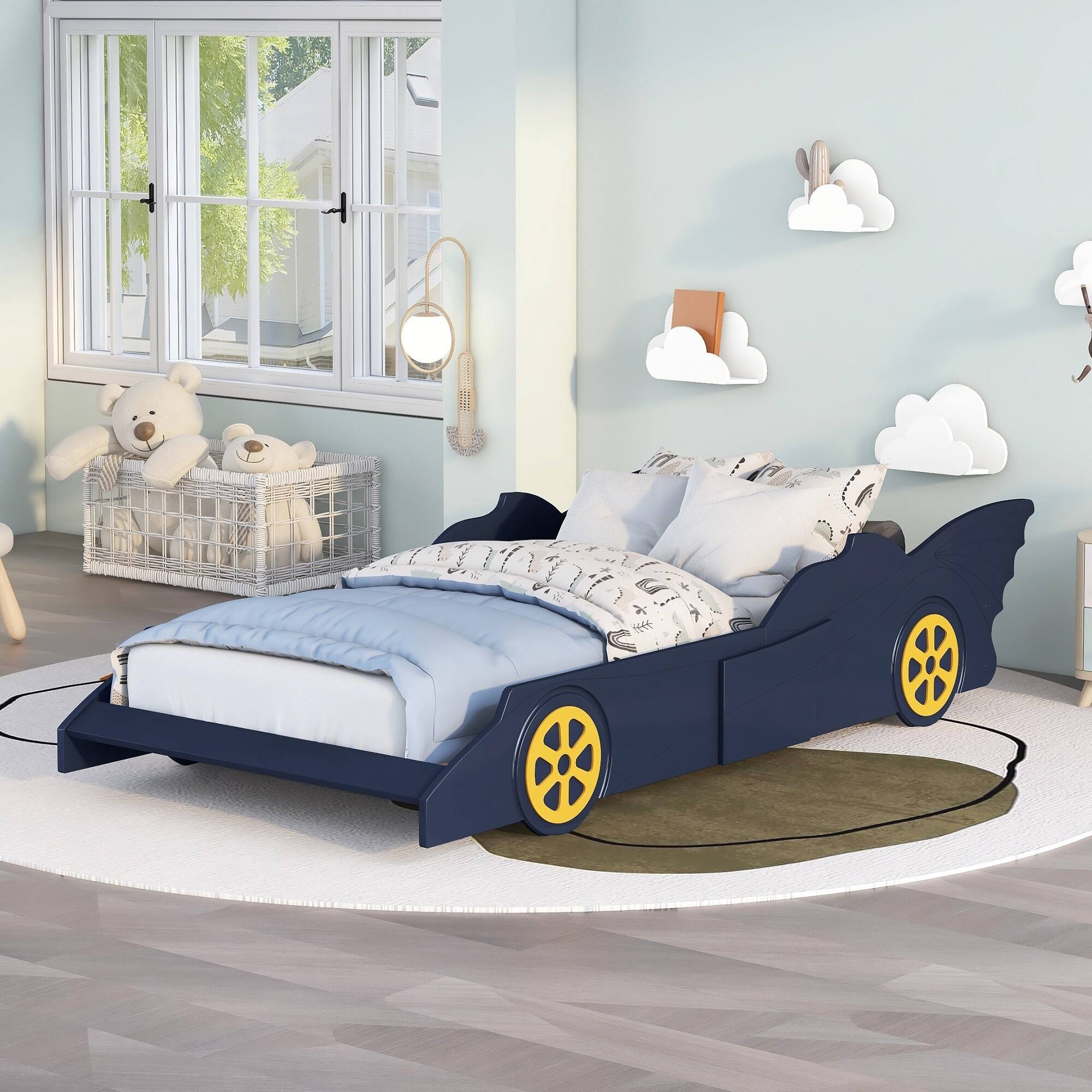 Blue+Yellow Twin Size Race Car-Shaped Platform Bed with Wheels, 86.6''L ...