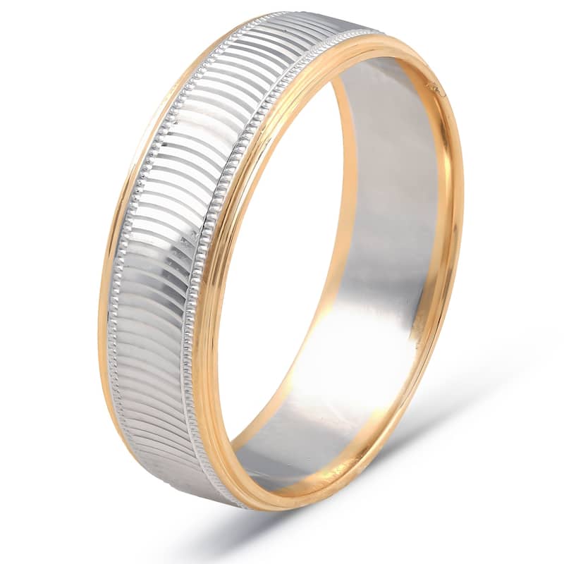Gold Mens 6mm Two Tone Wave Cut Ring Wedding Band