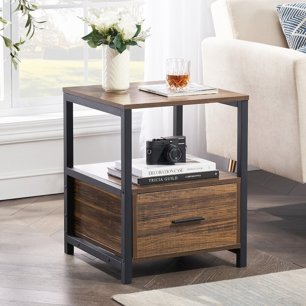 Javlergo Nightstand with Drawer, Bedside Table End Table for Bedroom Dorm Nursery Living Room, Open Storage Shelf
