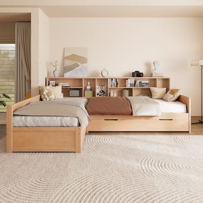 3-in-1 Bookcase Daybed L-shape Corner Daybed Twin Size Captains Bed Wooden Bed Frame with Under-bed Trundle and Drawer
