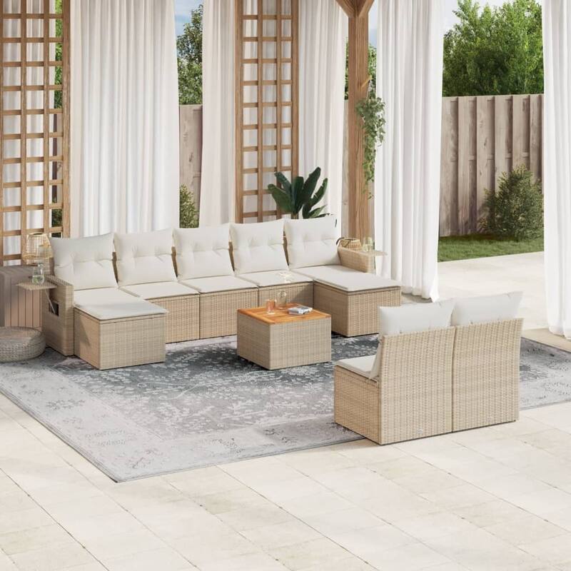 vidaXL Garden Sofa Set 10 Piece with Cushions Outdoor Sofa Set Poly Rattan - 24.4 x 24.4 x 27.2 in (W x L x H) - Beige and Cream