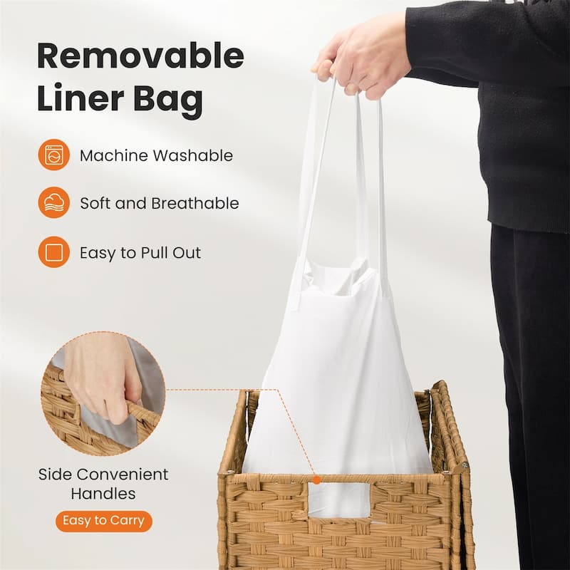 Laundry Hamper with Lid, Synthetic Rattan Clothes Laundry Basket with Lid and Handles, Foldable, Removable Liner