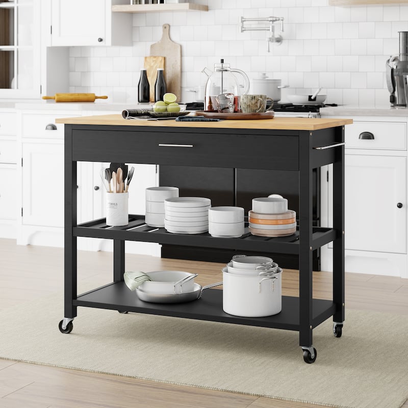 Futzca Kitchen Island Cart on Wheels with Large Worktop,Towel Rack,Drawers and Open Shelves - N/A - Black