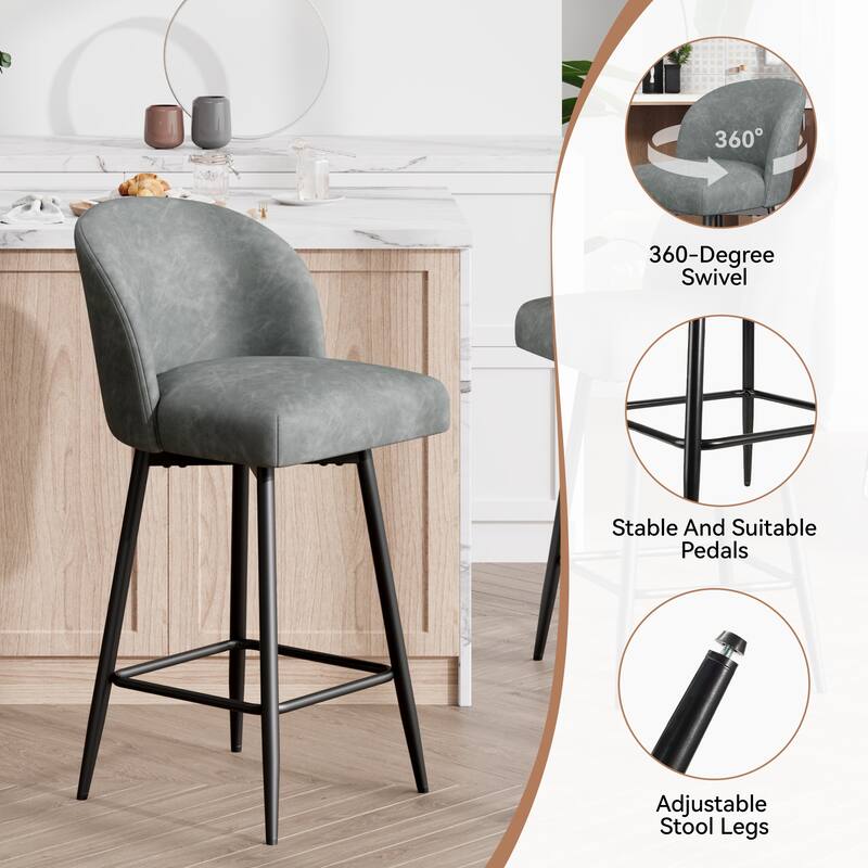 Counter Height Bar Stools Set of 2,360° Swivel Barstools with High Back and Metal Legs,26" Seat Height