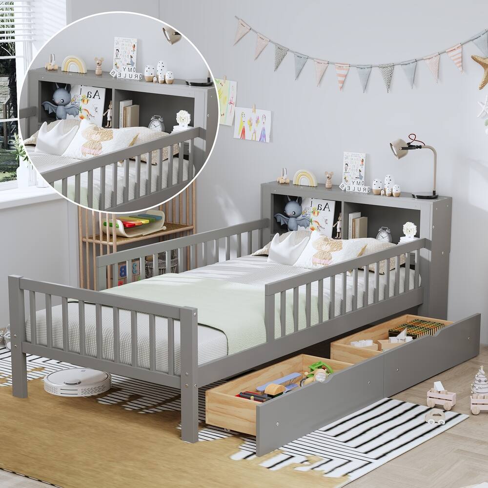 Wooden Twin Size Platform Bed with Storage Headboard, Solid Pine Storage Bed Frame with Two Drawers and Three Side Guardrails