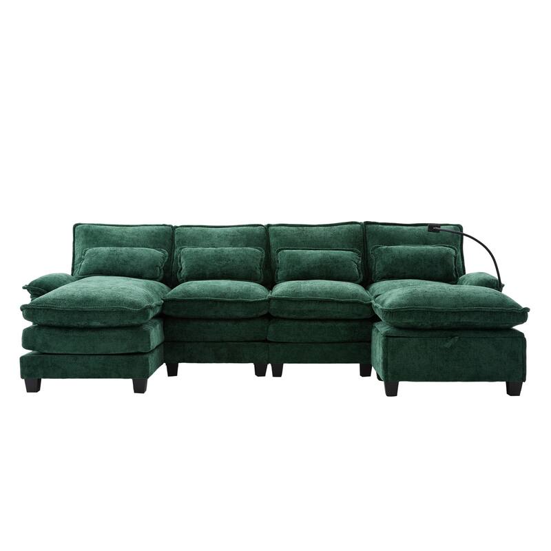 Chenille U-shape Sectional Sofa with Chaise and Storage Ottoman, Modular Couch with USB/Type-C Ports, Side Pockets, Phone Holder