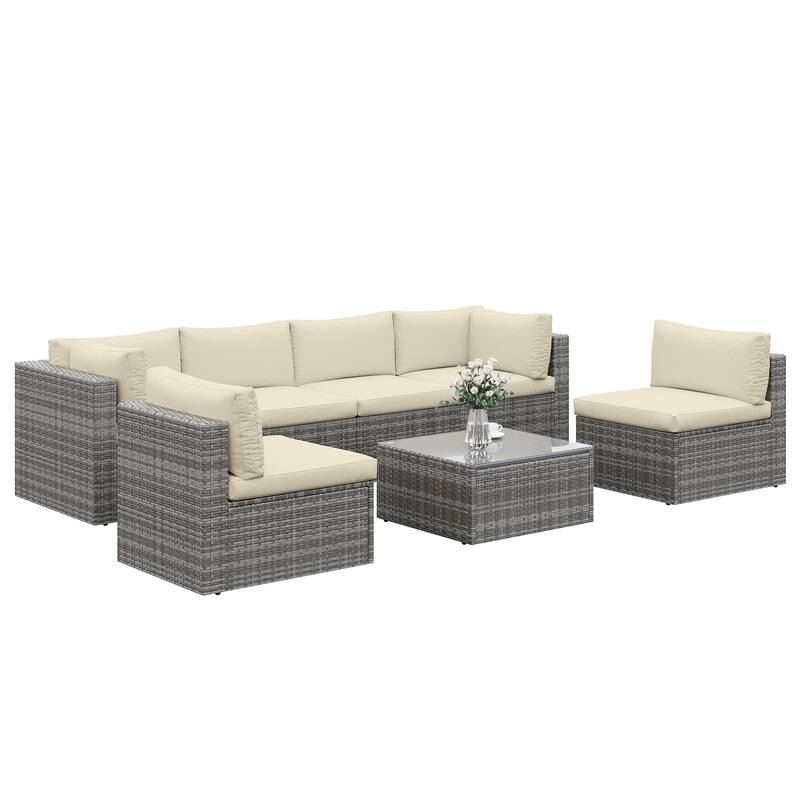 7-Piece Patio Furniture Set with Tempered Glass Coffee Table - Beige