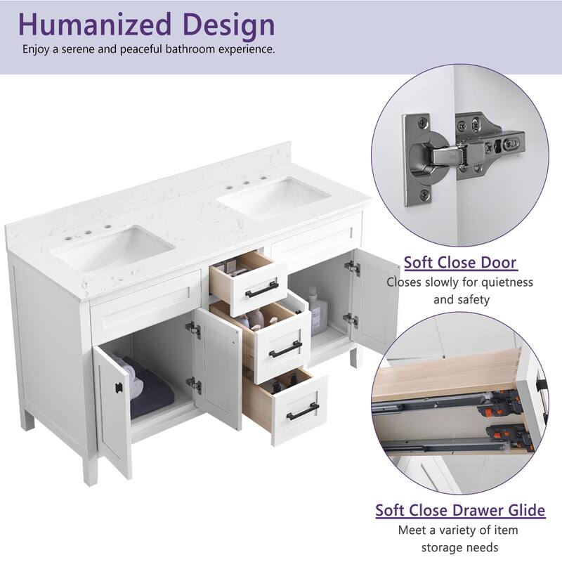 60" inch Freestanding Bathroom Vanity with Classical White Quartz Counter Top Ceramic Rectangular Sink