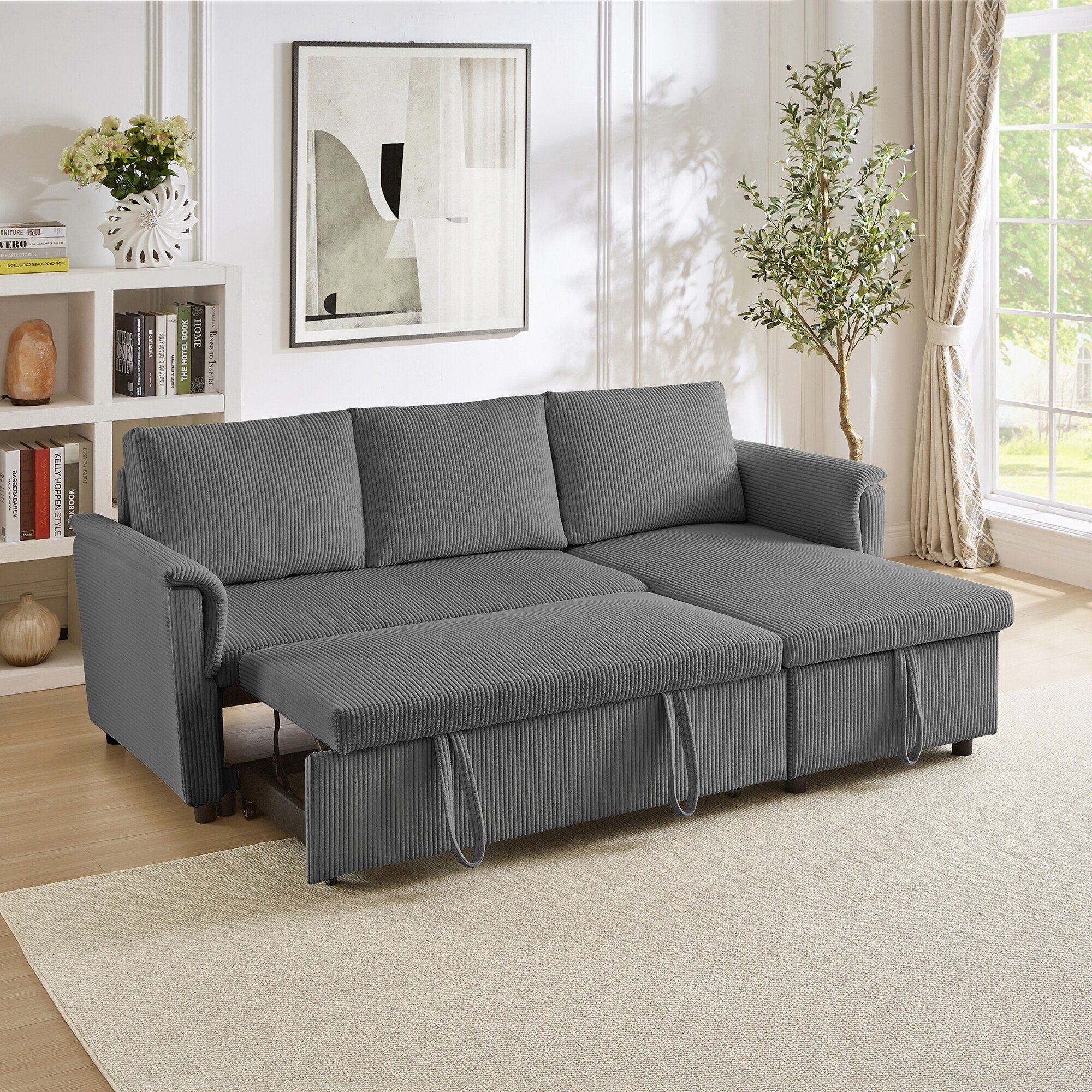 L-Shaped Loveseat Sofa with Chaise, Modular Sectional Couch, Convertible Sleeper Sofa with Pull-Out Bed, Storage