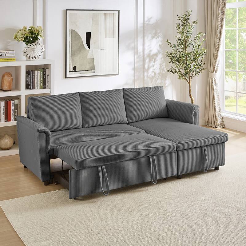 L-Shaped Loveseat Sofa with Chaise, Modular Sectional Couch, Convertible Sleeper Sofa with Pull-Out Bed, Storage - Grey