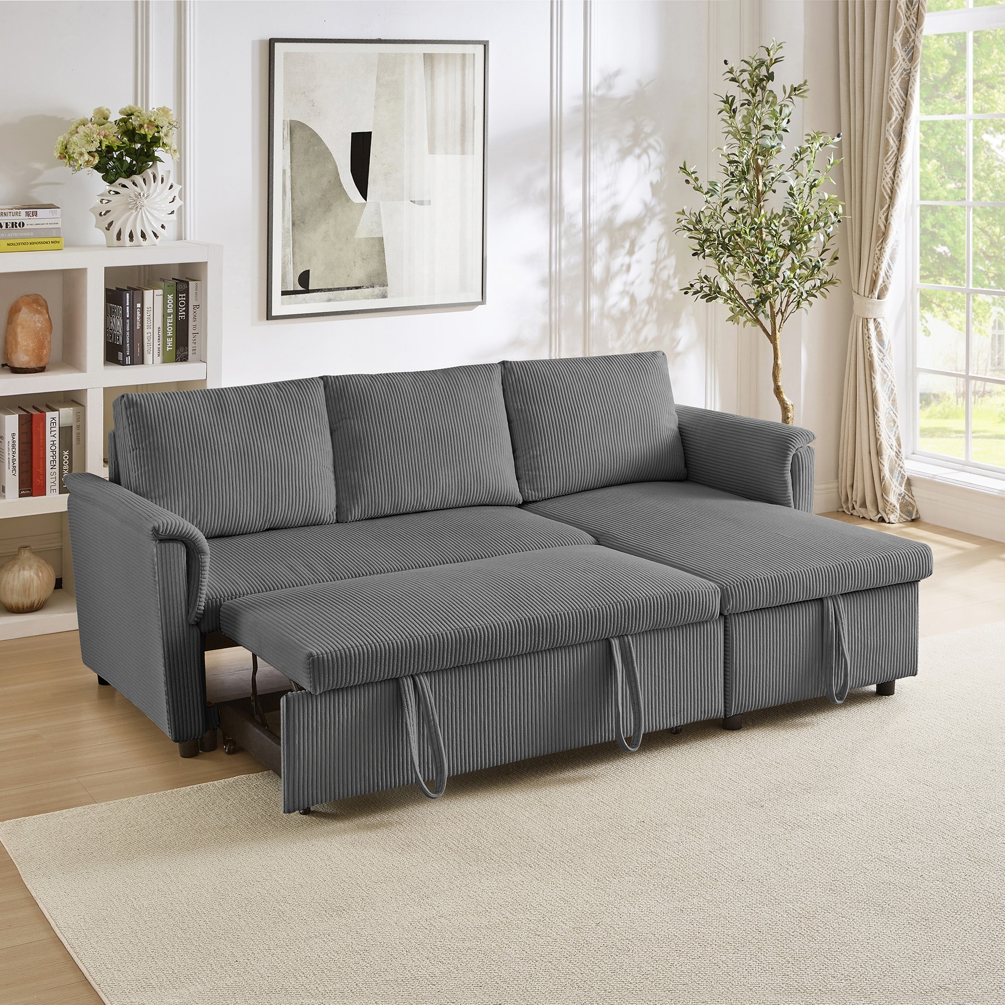 Modern 2-Seater Sofa L-Shaped Sleeper Sofa with 2 Pillows Storage Chaise and Adjustable Backrest, for Living Room, Gray