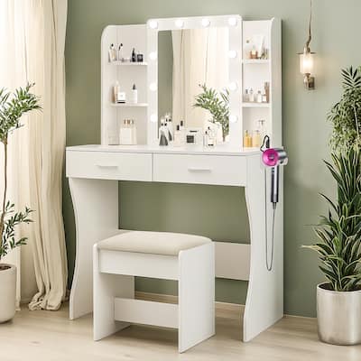 Makeup Vanity with Mirror & Power Outlet, Large Capacity Dressing Table Set, Dressing Table with Stool & 3 Lighting Colors