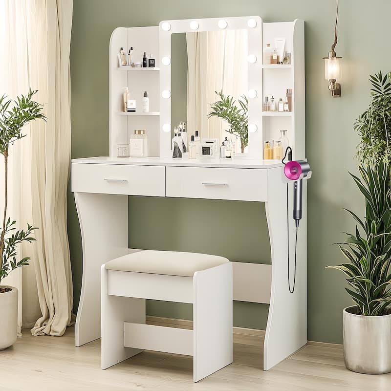 Vanity Desk with Mirror and Lights, Makeup Vanity with Power Outlet & Hair Dryer Rack,2 Drawers and 6 Shelves, Cushioned Stool - White