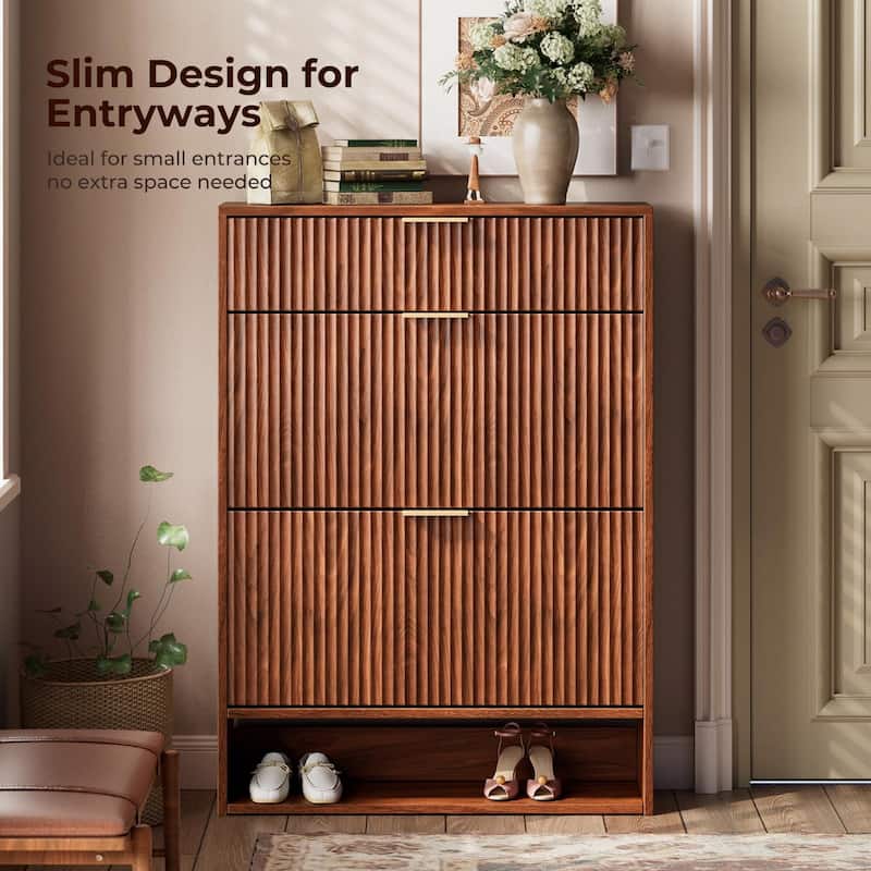 31.5''W Shoe Cabinet Storage with Drawer for Entryway, Fluted Slim Shoe Dresser