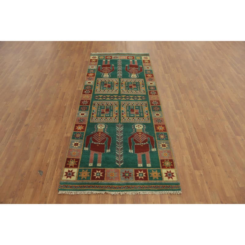 Hand-knotted Traditional Wool Green Geometric Oriental Area Rug - 9' 10'' X 4' 0''
