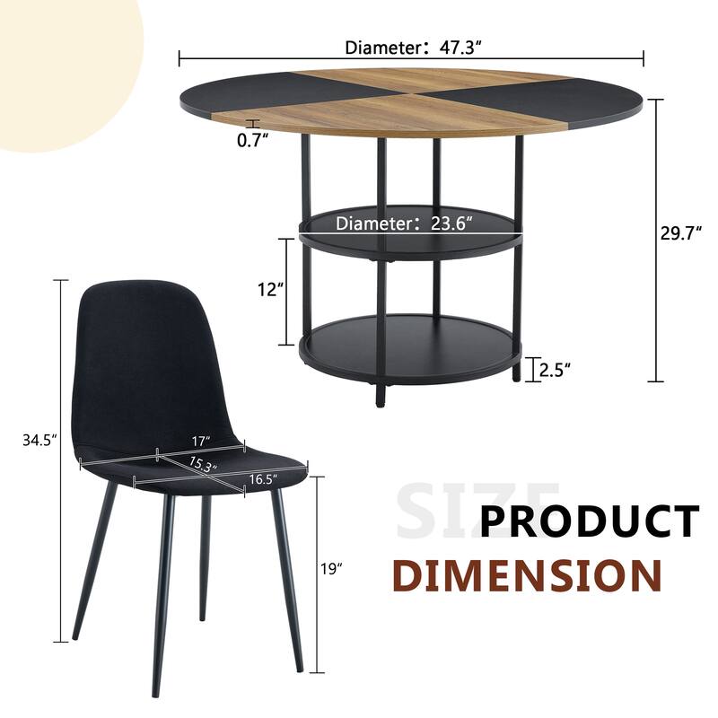 5-piece Natural and Black Spliced Round Dining Table Set with Double-Layer Storage Shelf, Anti-Slip Feet