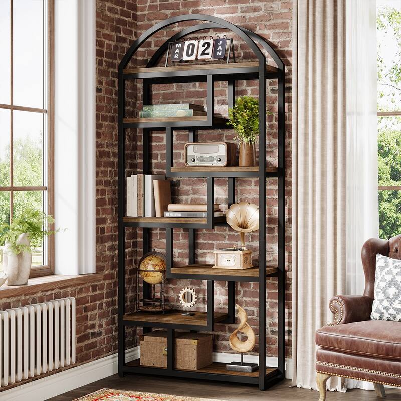 71" Tall Arched Bookshelf, Etagere Bookcase with Open Display Shelves
