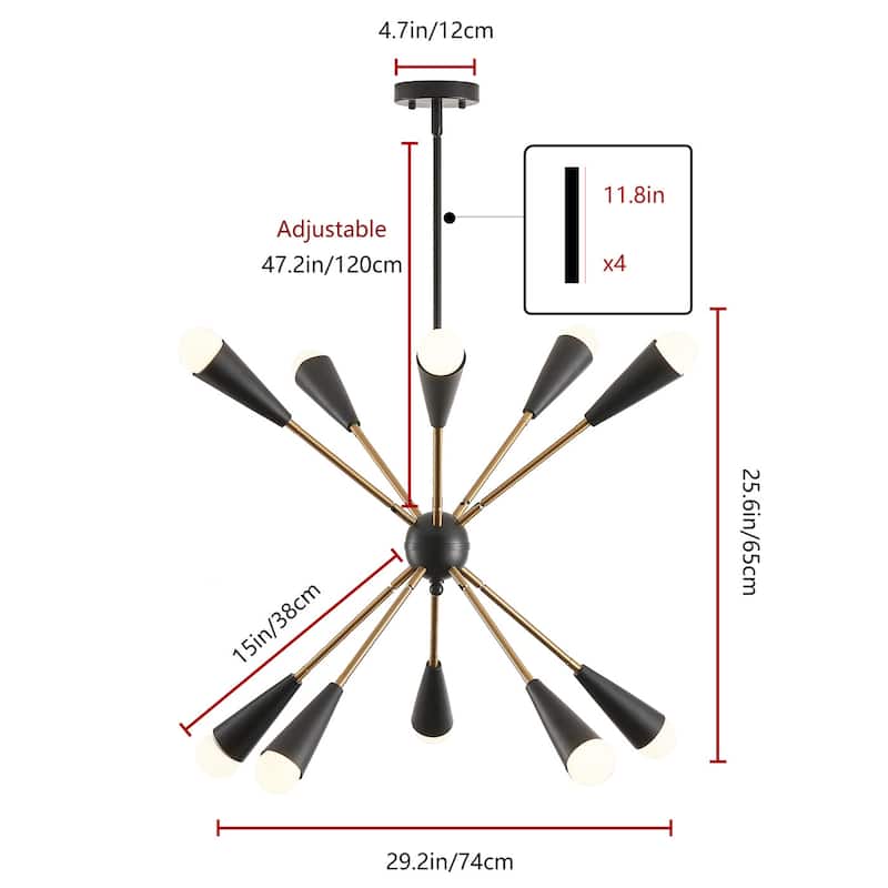 10-Lights Modern Sputnik Linear Chandelier - 29.2"D×4.7"W×72.8"H(Adjustable)