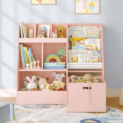 A children's bookcase with a large-capacity trolley and a toy storage device