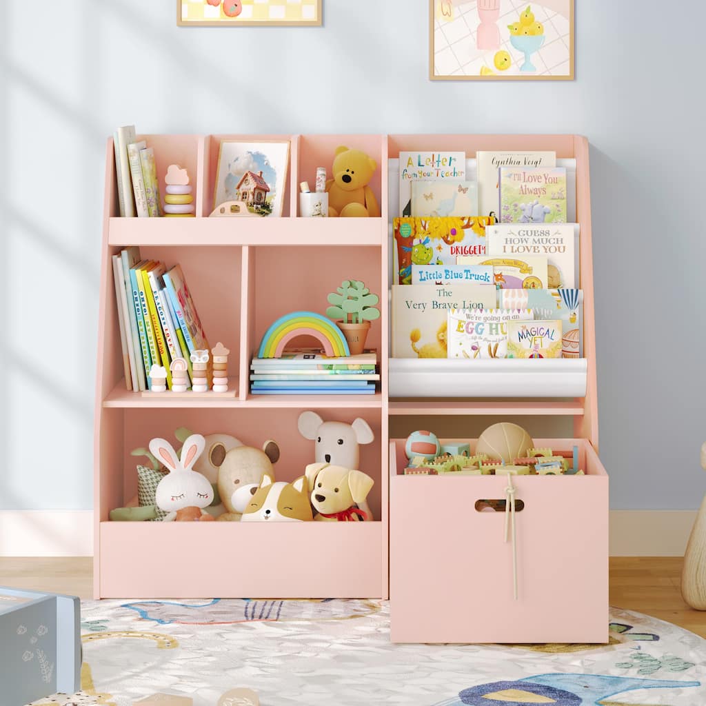 A children's bookcase with a large-capacity trolley and a toy storage device