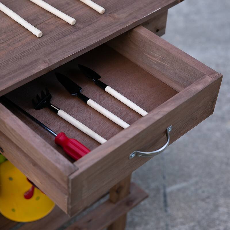 Wooden Potting Bench Work Table with 2 Detachable Wheels & Removable Sink, Outdoor Garden Workstation Table