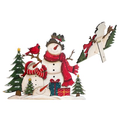 Wooden Double Snowman And Cardinal Decor Stand