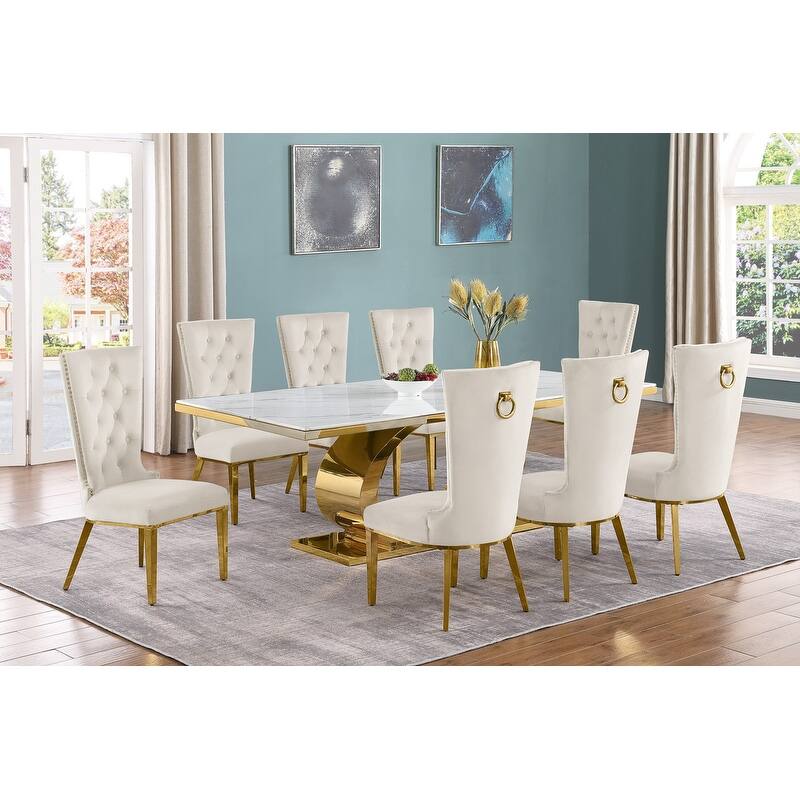 Best Quality Furniture D432/3-SC330-7 Dining Set with 87" White Marble Top - Cream / Gold - 9-Piece