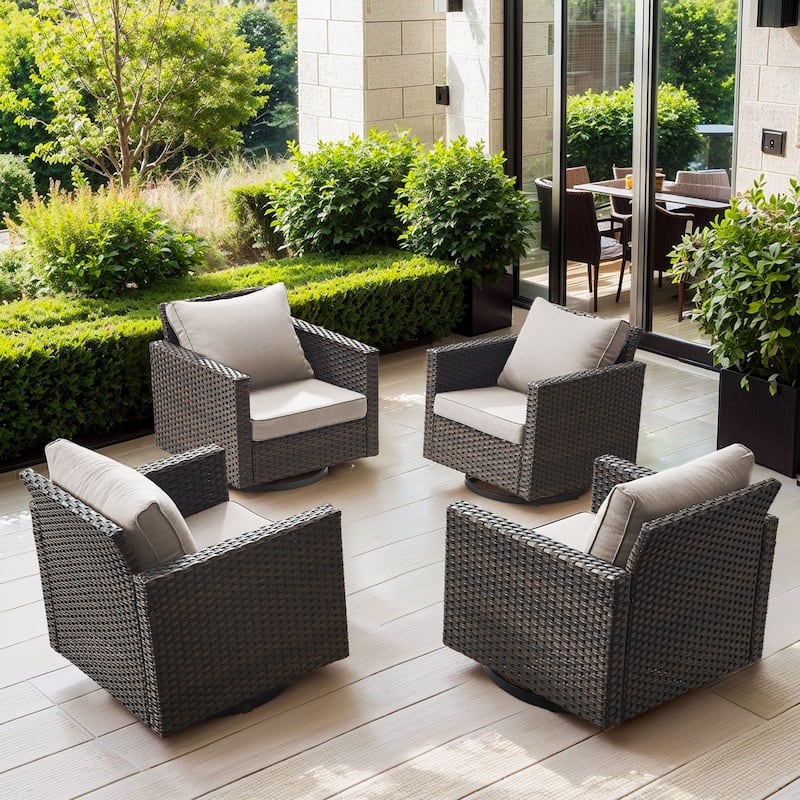 Pocassy Glider Chairs PE Wicker Swivel Chairs Set of 4 - Beige cushion - Brown Wicker