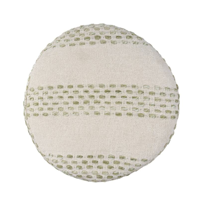 18" Ivory and Green Cotton Blend Round Striped Pouf Ottoman