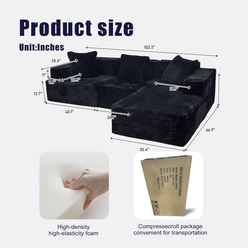 Compression Sectional Sofa with L Shape Chaise, Corduroy Deep Seat Boneless Couches, Modular 3 Seat Corner Sofa