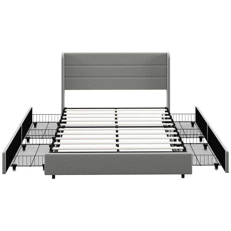 Queen Bed Frame with Headboard, Storage Drawers, Upholstered Platform Frame, No Box Spring, Steel Construction, Easy Assembly