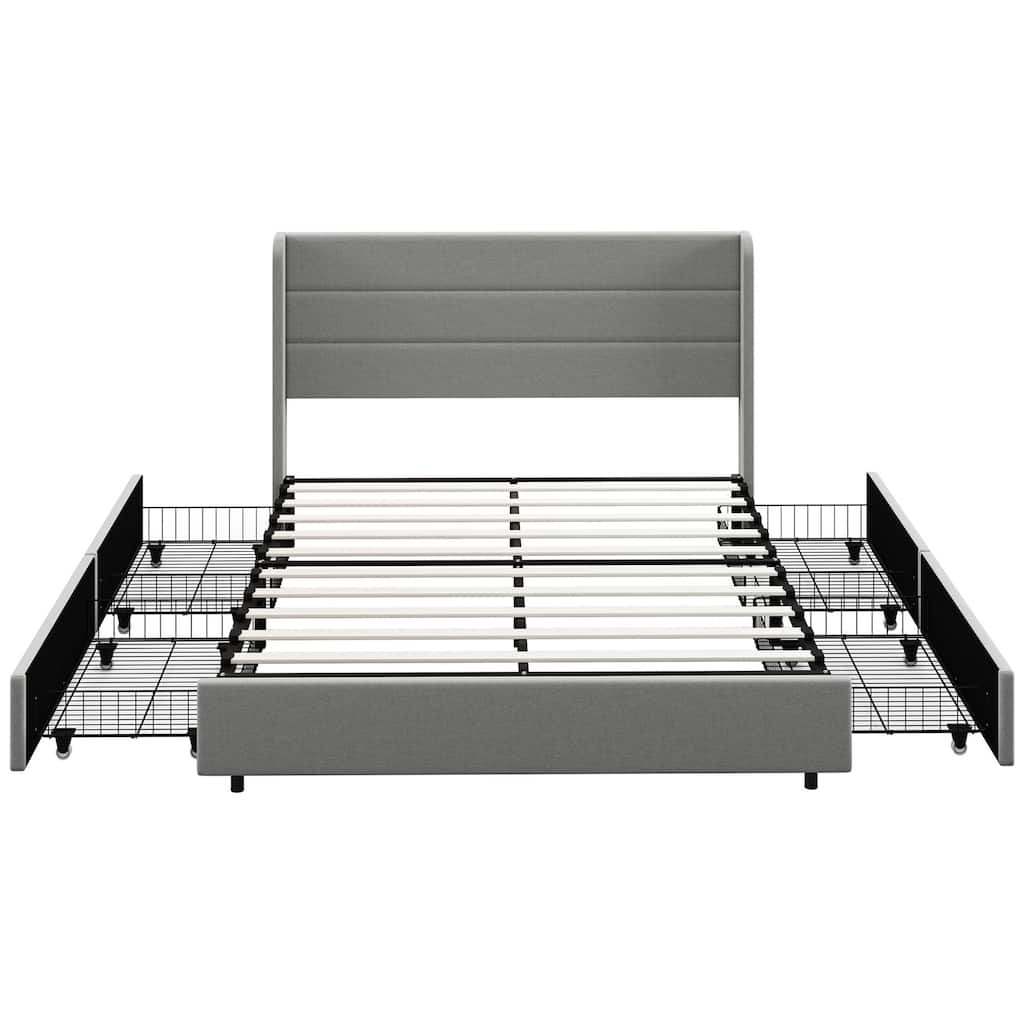 Upholstered Queen Bed Frame with Storage Drawers, Wood Slats Support, Noise-Free, Easy Assembly, Light Gray