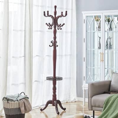 Walnut Wood Coat Rack with Key Tray - Modern Stainless Steel Hanger