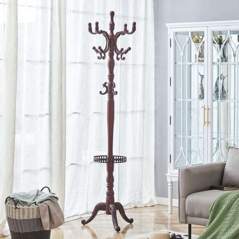 Walnut Wood Coat Rack with Key Tray - Modern Stainless Steel Hanger
