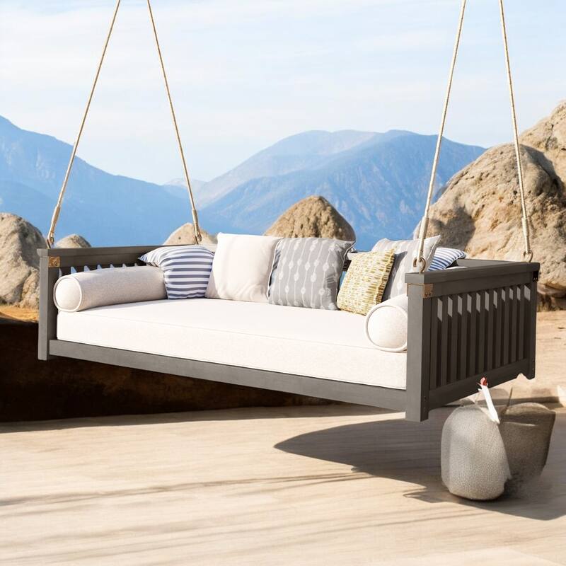 Premium Acacia Wood Patio Swing Bed with Ropes - Comfortable Outdoor Twin-Size Swing for Garden, Porch, or Backyard