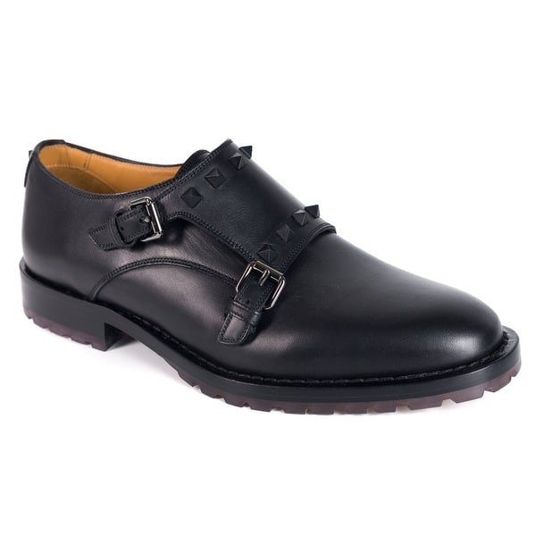 Valentino Men Black Leather Rockstud Double Monkstrap Derby Shoes Overstock