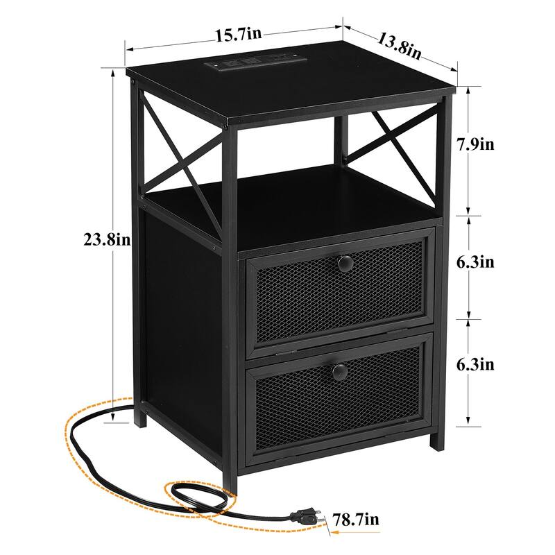VECELO Modern End Table with 3-tier Storage Shelves, Nightstands with Charging Station(Nightstand Set of 2)