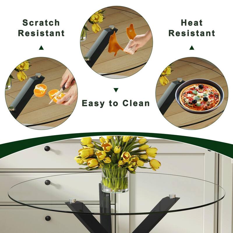 Table and chair set.Modern glass round table: X-shaped black metal bracket. Paired with 4 Dining Chairs